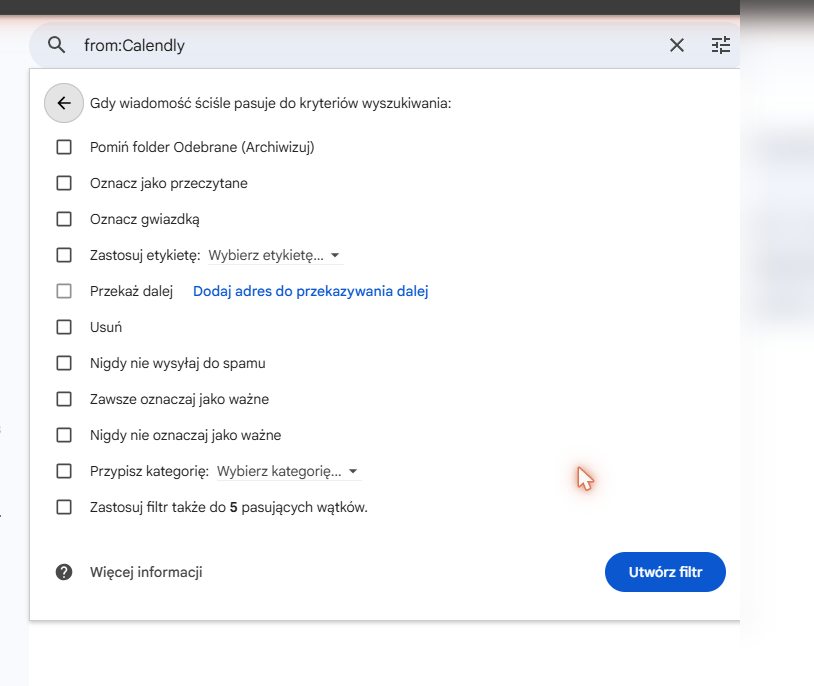 Gmail's filter action options, including skip inbox, mark as read, apply label, forward, and delete, shown by Claude for Chrome