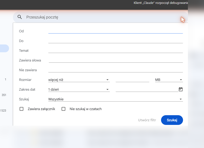 Gmail's advanced search panel with filter criteria fields such as From, To, Subject and Has the words, opened by Claude for Chrome