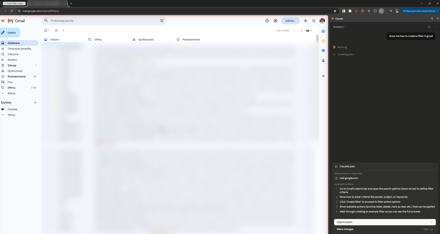 Claude for Chrome's plan for creating a Gmail filter, scoped to mail.google.com, with steps for opening search options, entering criteria, and creating the filter