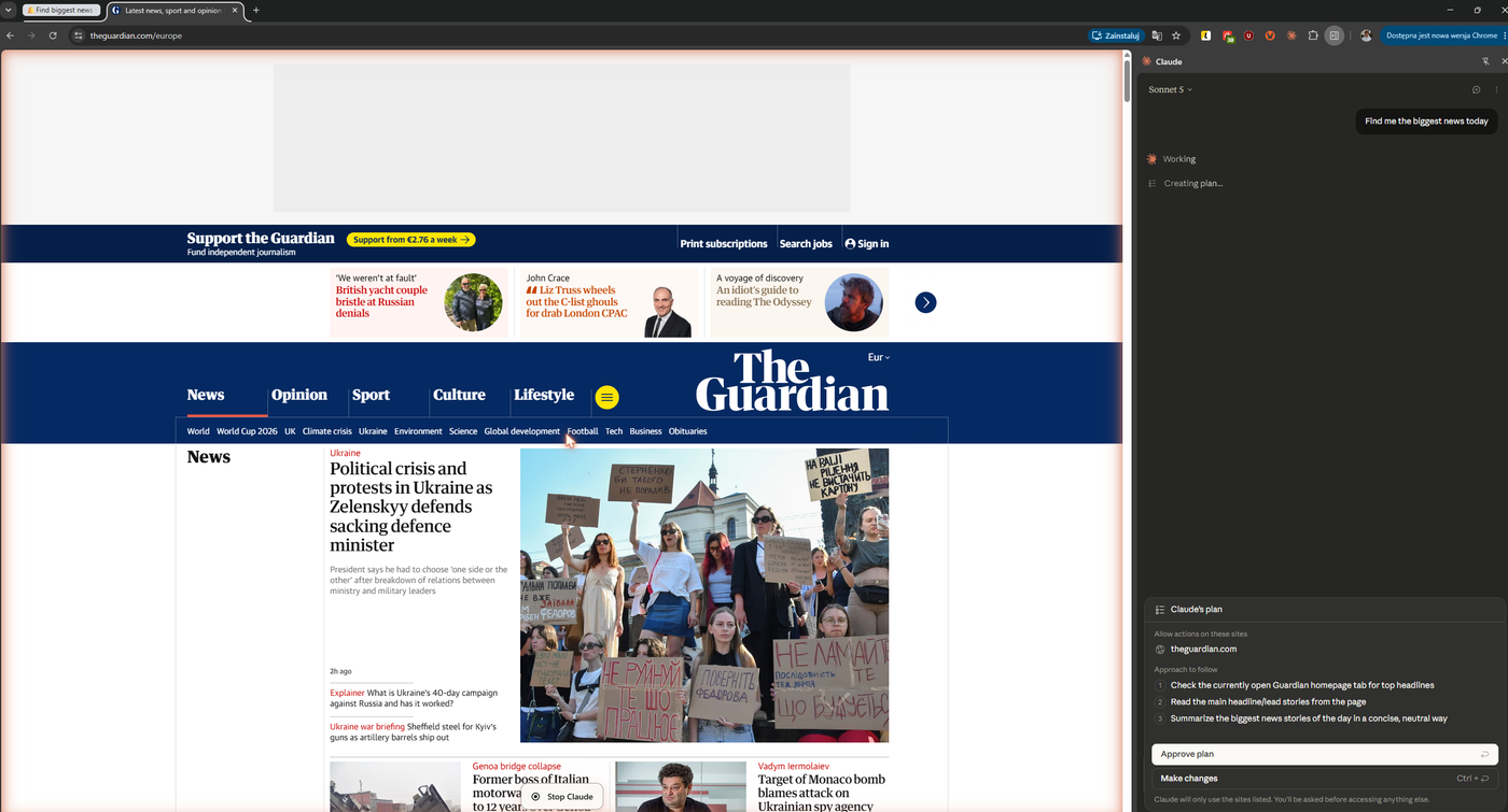 Claude for Chrome's plan-approval screen, listing theguardian.com as the only site it will act on and a 3-step approach, with Approve plan and Make changes buttons