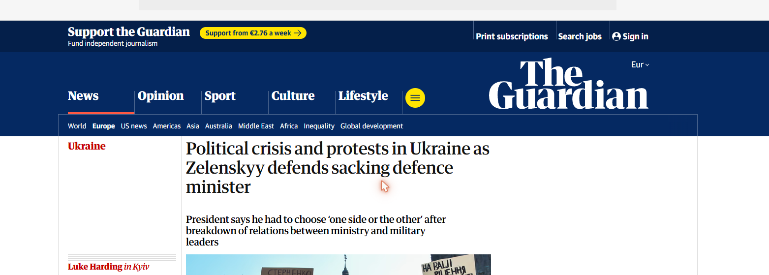 The Guardian homepage open in Chrome, showing the top news story about political protests in Ukraine
