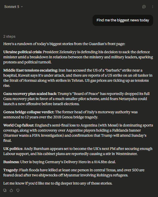 Claude's finished summary in the sidebar, listing the day's top news stories under bold headings such as Ukraine political crisis and Middle East tensions escalating